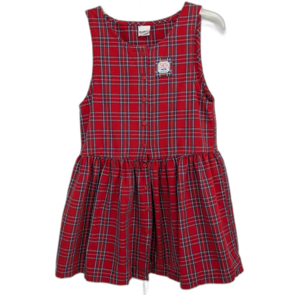 Vintage Oshkosh Red Plaid Button Up Jumper Dress Made In USA Girls Size 10 - Picture 1 of 5